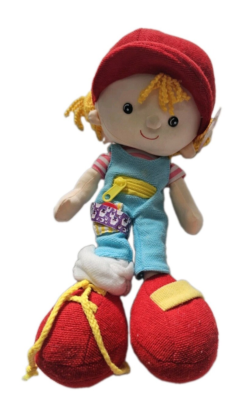 Cloth Doll Red Hat Yellow Yarn Hair Blue Overalls Red Shoes Toy Works 12"